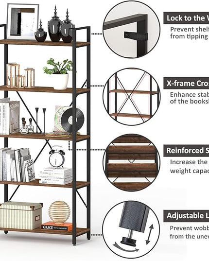 BON AUGURE Industrial Bookshelf, Etagere Bookcases and Book Shelves 5 Tier, Rustic Wood and Metal Shelving Unit (Rustic Oak) - LeafyLoom