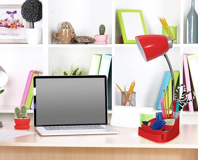 Simple Designs LD1056-RED Gooseneck Organizer Desk Lamp with iPad/Tablet Stand or Book Holder and USB Port, Red - LeafyLoom