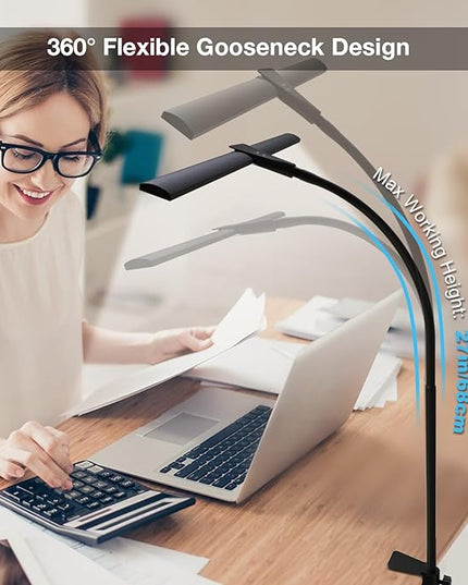 LED Desk Lamp for Home Office,Bright Double Head Desk Lamp with Clamp,Dimmable 5 Color Modes Desk Lighting,12W Eye-Caring Architect Table Lamp for Workbench,Monitor,Reading,Study,1400lm - LeafyLoom