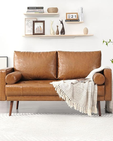 Vonanda 56" Loveseat Small Couch, Mid-Century 2 Seater Sofa Faux Leather Couch with Hand-Stitched Comfort Cushion and Bolster Pillows for Living Room, Loveseat Cognac Tan - LeafyLoom