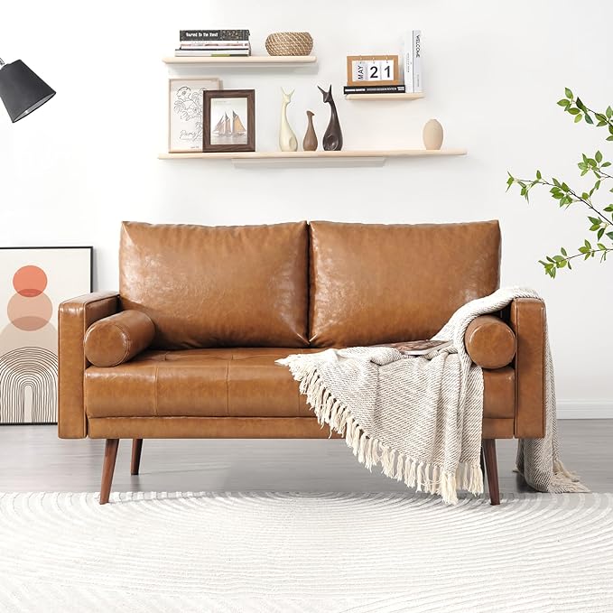 Vonanda 56" Loveseat Small Couch, Mid-Century 2 Seater Sofa Faux Leather Couch with Hand-Stitched Comfort Cushion and Bolster Pillows for Living Room, Loveseat Cognac Tan - LeafyLoom