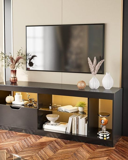 YESHOMY Modern LED TV Stand for Televisions up to 65+ Inch with Glass Shelves and Drawer, Gaming Entertainment Center with Multiple Dynamic RGB Modes, for Livingroom, Bedroom, 55 Inch, Black - LeafyLoom