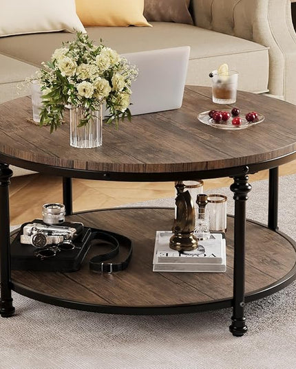 GAOMON Round Coffee Table Rustic Center Table with Storage Shelf 2-Tier Industrial Accent Center Table Wood Circle Coffee Table with Sturdy Metal Legs, Easy Assembly - LeafyLoom