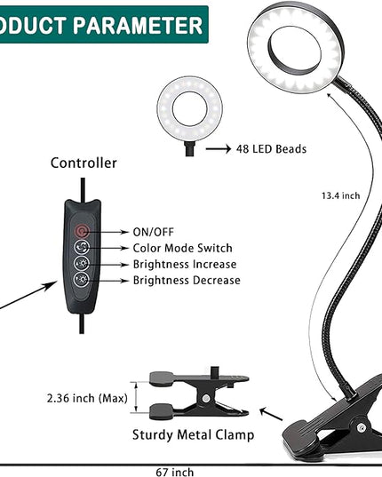 Foneso Desk Lamp Clip on Light, 48 LED USB Lamp with 3 Color Modes 10 Brightness Levels, 360° Flexible Gooseneck Eye Protection Bed Night Light for Reading, Makeup, Fill Light (Black) - LeafyLoom