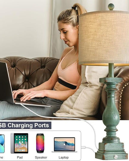 BOBOMOMO Retro 27" USB Charging Ports A/C 3 Way Dimmable Touch Control Green Farmhouse Lamps Set of 2 for Bedrooms Retro Side Table Lamps Bedside Lamp for Side Nightstand Living Room(Bulb Included) - LeafyLoom