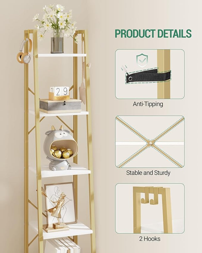 Ladder Shelf, Bookshelf Bookcase, Freestanding Corner Storage Shelve with 2 Hooks for Home Office, Living Room, Kitchen, Bedroom, Industrial, 5-Tier White Gold BC03213G - LeafyLoom