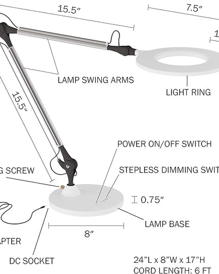 Lavish Home LED Desk Lamp - Swing Arm Architect Lamp - Adjustable Natural Sun Lighting for Home Office, Bedroom, or Dorm Room (White) - LeafyLoom