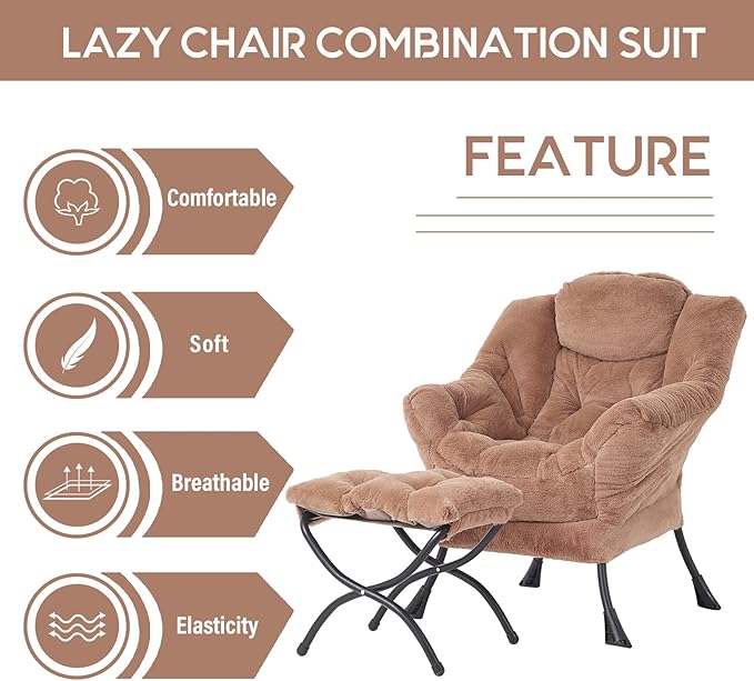 Cozy Lazy Chair and Ottoman, Large Contemporary Accent Lounge Chair Set, Leisure Upholstered Reading Armchair for Bedroom, Living Room, Dorm Rooms, Office - LeafyLoom