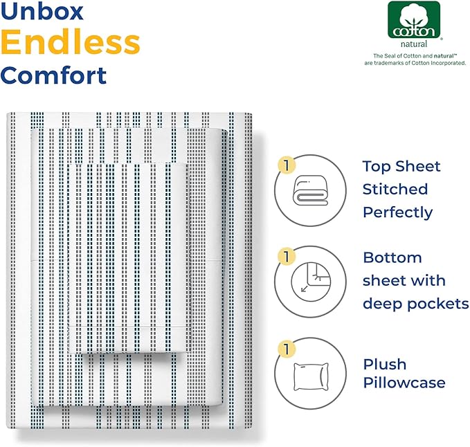 THREAD SPREAD 100% Egyptian Cotton Printed Bed Sheets - 600 Thread Count 3 PC Twin XL Sheet Set, Hotel Luxury Sateen Bedsheets, 16" Deep Pocket Cooling Sheets for Twin XL Size Bed - Dotted Stripe - LeafyLoom