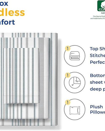 THREAD SPREAD 100% Egyptian Cotton Printed Bed Sheets - 600 Thread Count 3 PC Twin Sheet Set, Hotel Luxury Sateen Bedsheets, 16" Deep Pocket Soft Cooling Sheets for Twin Size Bed - Dotted Stripe - LeafyLoom