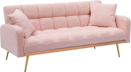Fabric Teddy Fleece Folding Futon Sofa Bed w/Adjustable Backrests, 2 Seater Tufted Convertible Lounge Couch Recliner Loveseat with Metal Golden Legs for Living Room, Office,Bedroom, Pink 69" - LeafyLoom