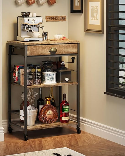 X-cosrack Coffee Bar Cart with Storage, 3-Tier Coffee Table with Drawer for Home Buffets & Sideboards,Coffee Station Corner Table with Rolling Wheels for Kichen, Entryway, Living Room-Patent - LeafyLoom