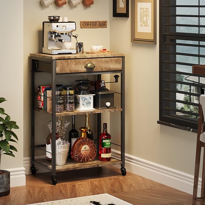 X-cosrack Coffee Bar Cart with Storage, 3-Tier Coffee Table with Drawer for Home Buffets & Sideboards,Coffee Station Corner Table with Rolling Wheels for Kichen, Entryway, Living Room-Patent - LeafyLoom