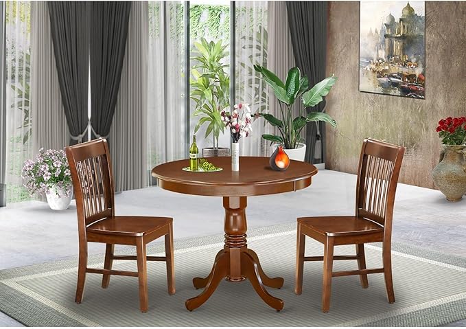 East West Furniture ANNO3-MAH-W 3 Piece Room Set Contains a Round Kitchen Table with Pedestal and 2 Dining Chairs, 36x36 Inch - LeafyLoom