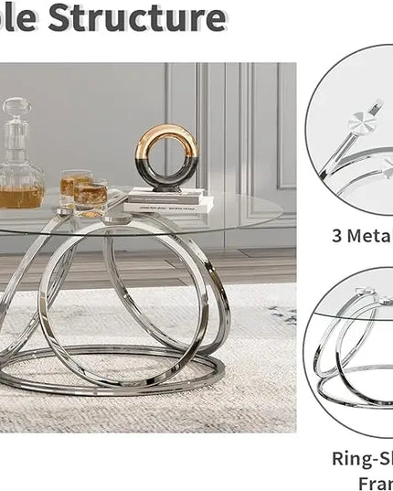 O&K FURNITURE Round Coffee Table, Modern Silver Coffee Table Living Room Table with Ring-Shaped Frames, Glass Coffee Table for Home&Office, Chrome Finish, 1 PC - LeafyLoom