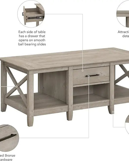 Bush Furniture Key West Coffee Table with Storage in Washed Gray - LeafyLoom