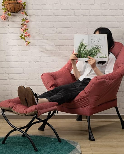 HollyHOME Fabric Lazy Chair with Foldable Ottoman, Accent Comfy Lounge Arm Chair and Folding Footrest Stool Set, Leisure Sofa Reading Chair and Footstool for Living Room, Bedroom, Dorm, Brick Red - LeafyLoom