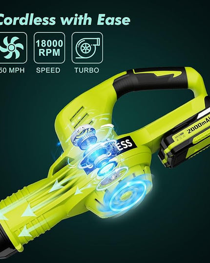 Leaf Blower Cordless - 21V Electric Cordless Leaf Blower with 2 Batteries and Charger, 2 Speed Mode, 2.0Ah Lightweight Battery Powered Leaf Blowers for Lawn Care, Patio, Blowing Leaves - LeafyLoom