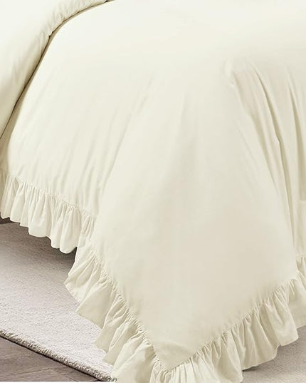 Lush Decor Reyna Ruffle 100% Cotton Duvet Cover Set - 3 Piece Cozy Ruffled Bedding Set - Timeless Elegance and Comfort - Full/ Queen, Ivory - LeafyLoom