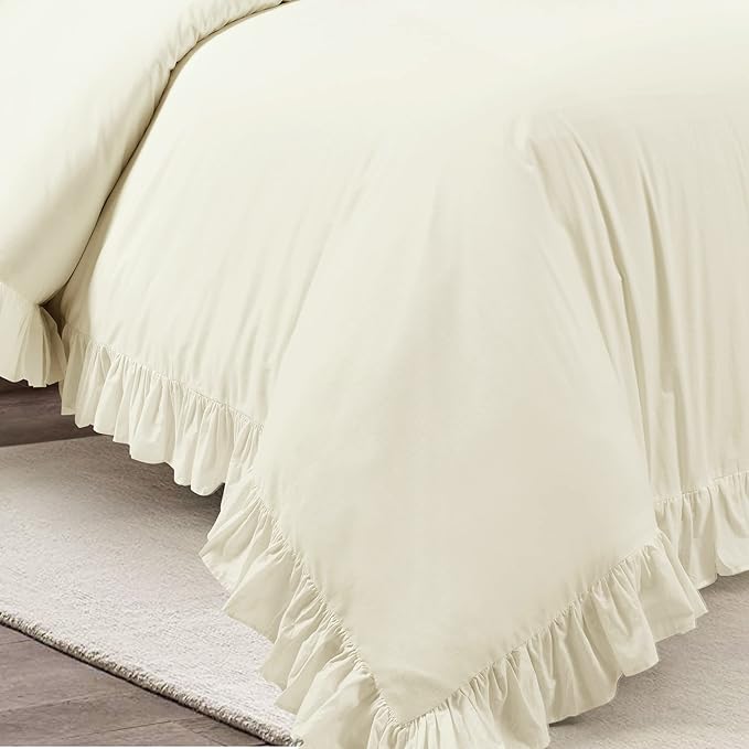 Lush Decor Reyna Ruffle 100% Cotton Duvet Cover Set - 3 Piece Cozy Ruffled Bedding Set - Timeless Elegance and Comfort - Full/ Queen, Ivory - LeafyLoom