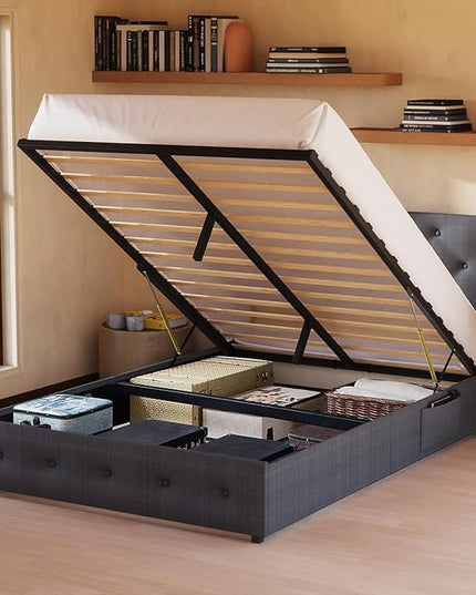 Queen Lift Up Storage Bed Frame, Button Tufted Wingback Headboard with USB Ports,Hydraulic Storage, Wood Slats Support, No Box Spring Needed, Noise-Free - LeafyLoom