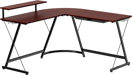 SHW Vista L-Shape Desk with Monitor Stand, Cherry - LeafyLoom