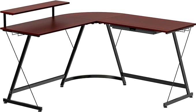 SHW Vista L-Shape Desk with Monitor Stand, Cherry - LeafyLoom