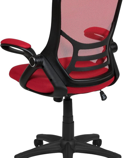 Flash Furniture Porter High Back Mesh Ergonomic Swivel Office Chair with Lumbar Support, Flip-Up Arms, Tilt Lock/Tilt Tension, Height Adjustable, Red/Black Frame - LeafyLoom