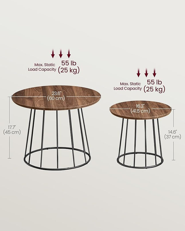VASAGLE Round Coffee Tables, Set of 2, Modern Circle Side Tables with Steel Frame, for Living Room, Bedroom, Natural Walnut ULCT045K43 - LeafyLoom