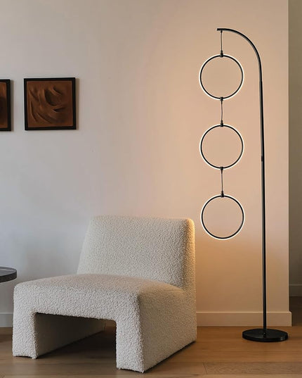 Brightech Nova Modern Floor Lamp Matches Living Room Décor - Contemporary Arc Tall Lamp with 3-Circle Ring-Style Pendant - Over The Couch Standing on Arching Pole - Eclectic- Black - LeafyLoom