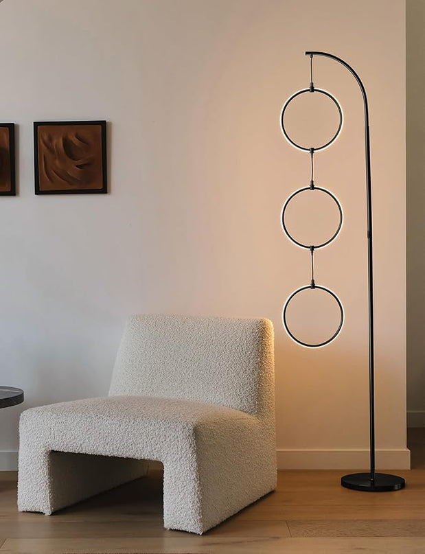 Brightech Nova Modern Floor Lamp Matches Living Room Décor - Contemporary Arc Tall Lamp with 3-Circle Ring-Style Pendant - Over The Couch Standing on Arching Pole - Eclectic- Black - LeafyLoom