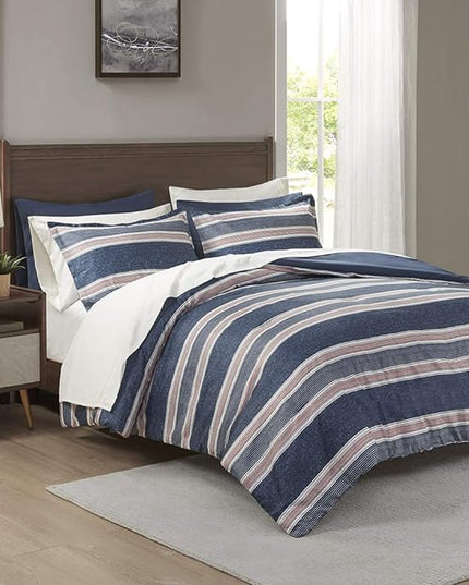 Comfort Spaces Bed in A Bag Comforter Set - College Dorm Room Essentials for Boys Men Bedding, Complete Dormitory Bedroom Pack And Sheet with 2 Side Pockets, Full, Stripes Navy/Red - LeafyLoom