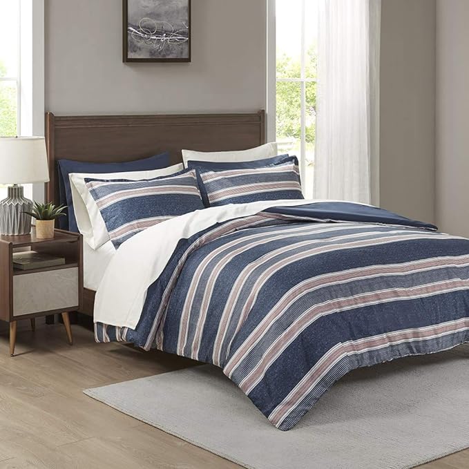 Comfort Spaces Bed in A Bag Comforter Set - College Dorm Room Essentials for Boys Men Bedding, Complete Dormitory Bedroom Pack And Sheet with 2 Side Pockets, King, Stripes Navy/Red - LeafyLoom