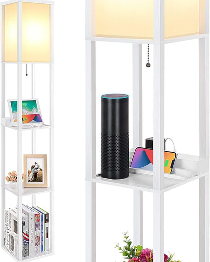 SHINE HAI LED Shelf Floor Lamp, Modern Standing Lamp with 1 USB Port and 1 Type C Port and 1 Power Outlet, 3-Tiered Display Floor Lamps with Shelves for Living Room, Bedroom, Office - White - LeafyLoom