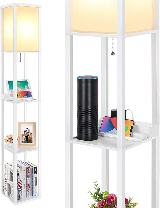 SHINE HAI LED Shelf Floor Lamp, Modern Standing Lamp with 1 USB Port and 1 Type C Port and 1 Power Outlet, 3-Tiered Display Floor Lamps with Shelves for Living Room, Bedroom, Office - White - LeafyLoom
