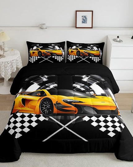 Yellow Race Car Bedding Set Twin Size,Black and White Grid Duvet Insert with 1 Pillowcase,Extreme Sport Games Comforter Set 2pcs for Kids Teens Boys Room Decor, Soft Modern Bed Quilt - LeafyLoom