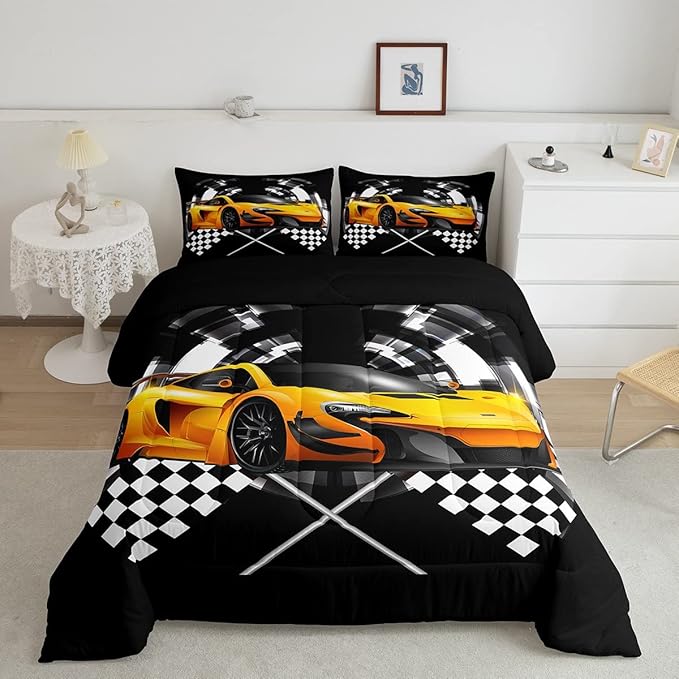 Yellow Race Car Bedding Set Twin Size,Black and White Grid Duvet Insert with 1 Pillowcase,Extreme Sport Games Comforter Set 2pcs for Kids Teens Boys Room Decor, Soft Modern Bed Quilt - LeafyLoom