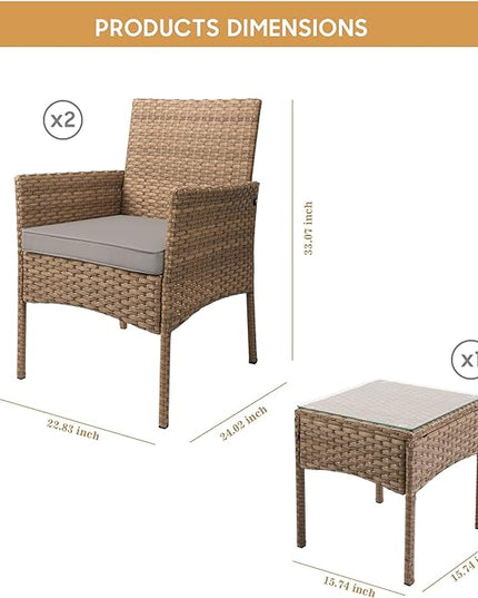 YIYAN 3 Pieces Patio Bistro Set Outdoor Wicker Furniture Outdoor Porch PE Rattan Wicker Chairs Furniture Sets with Sofa Chairs,Glass Coffee Table and Gray Washable Cushion - LeafyLoom