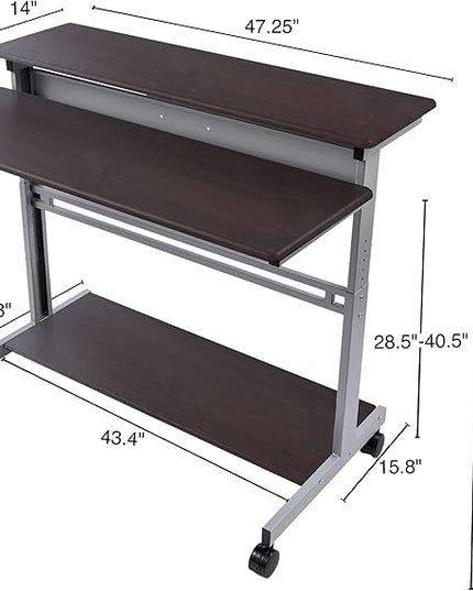 Stand Up Desk Store Rolling Adjustable Height Two Tier Standing Desk Computer Workstation (Silver Frame/Dark Walnut Top, 48" Wide) - LeafyLoom