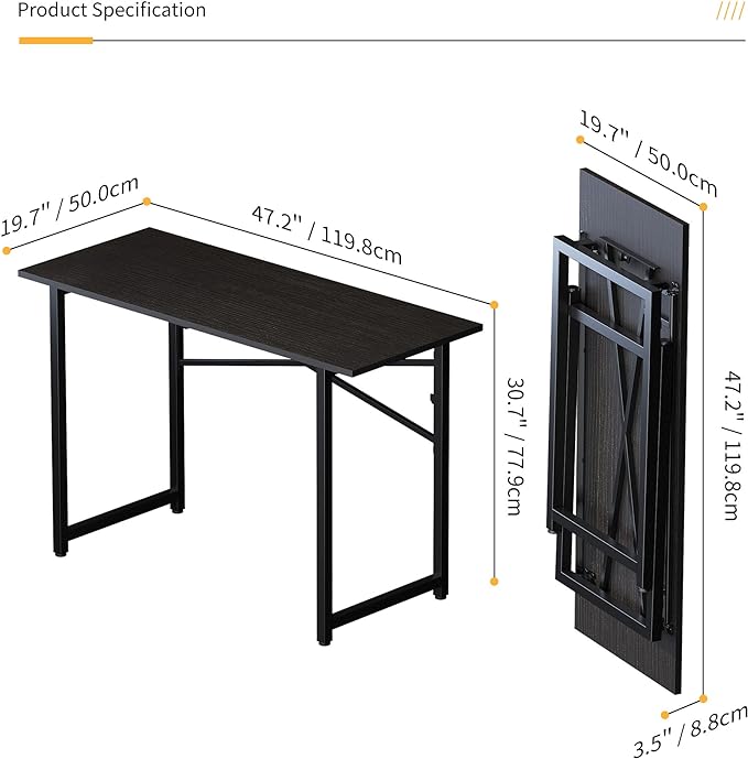 Folding Computer Desk 47 inch Writing Gaming Computer Camping Table, No Assembly Required Home Office Desk, Black - LeafyLoom