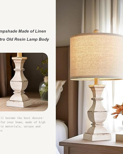 PoKat 20.5" Farmhouse Table Lamp, Vintage Bedside Lamps for Bedroom, Rustic Small End Table Lamps for Living Room, Traditional Nightstand Desk Lamps Distressed Washed White, Suitable for Small Place - LeafyLoom