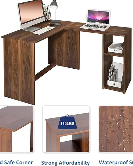 FurnitureR 47.2-Inch L-Shaped Computer Desk Home Office Study Writing Corner Gaming Table Retro Design Work Station Space-Saving for Study Room Bedroom, Walnut - LeafyLoom