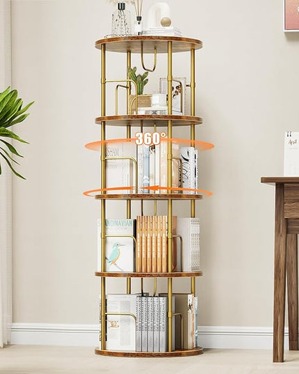 Rotating Bookshelf, 4 Tier Spinning Bookshelf Tower, 360° Display Unique Round Bookcase, Floor Standing Corner Revolving Bookshelf Storage Organizer for Small Spaces, Home Study Office, Gold - LeafyLoom