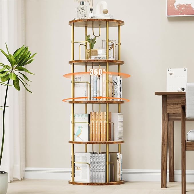 Rotating Bookshelf, 4 Tier Spinning Bookshelf Tower, 360° Display Unique Round Bookcase, Floor Standing Corner Revolving Bookshelf Storage Organizer for Small Spaces, Home Study Office, Gold - LeafyLoom