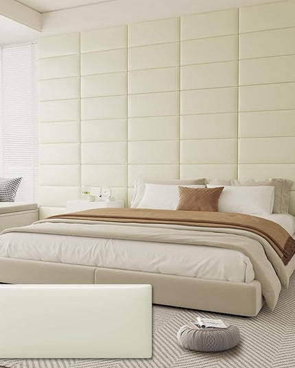 King Headboard, Wall Mounted Peel and Stick Headboard, Upholstered Leather Bed Headboard for King Size Bed, Floating Dorm Bedroom Tall Headboard Soundproof Wall Panels (12 Panels, 10"x24") - LeafyLoom