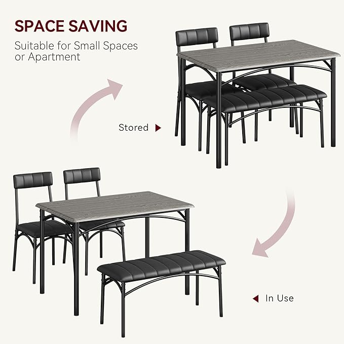 GAOMON Dining Table Set for 4, Kitchen Table with Upholstered Chairs and Bench, 4-Person Dining Room Table Set, Rectangular Kitchen Table Set for Small Space, Apartment, Home, Studio, Rustic Grey - LeafyLoom