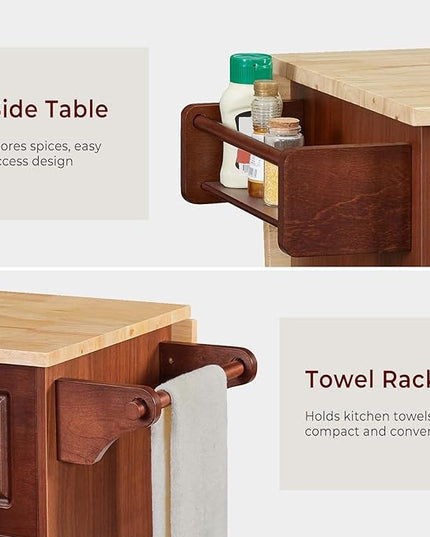 54" Rolling Kitchen Island Cart with Storage, Large Kitchen Cart with Folding Drop Leaf Breakfast Bar, Wood Island Table for Kitchen with 3 Drawers and Spice Rack & Towel Rack, Rustic Brown - LeafyLoom