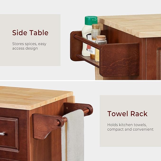 54" Rolling Kitchen Island Cart with Storage, Large Kitchen Cart with Folding Drop Leaf Breakfast Bar, Wood Island Table for Kitchen with 3 Drawers and Spice Rack & Towel Rack, Rustic Brown - LeafyLoom