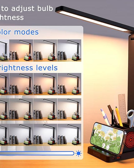 LED Desk Lamp for Home Office with USB A+C Charging Port Touch Control Reading Table Lamp Small Desk Lamp with Pen Phone Holder 3 Color Modes 4 Dimmable RGB Auto Timer 60min for Home, Office, Dorm - LeafyLoom