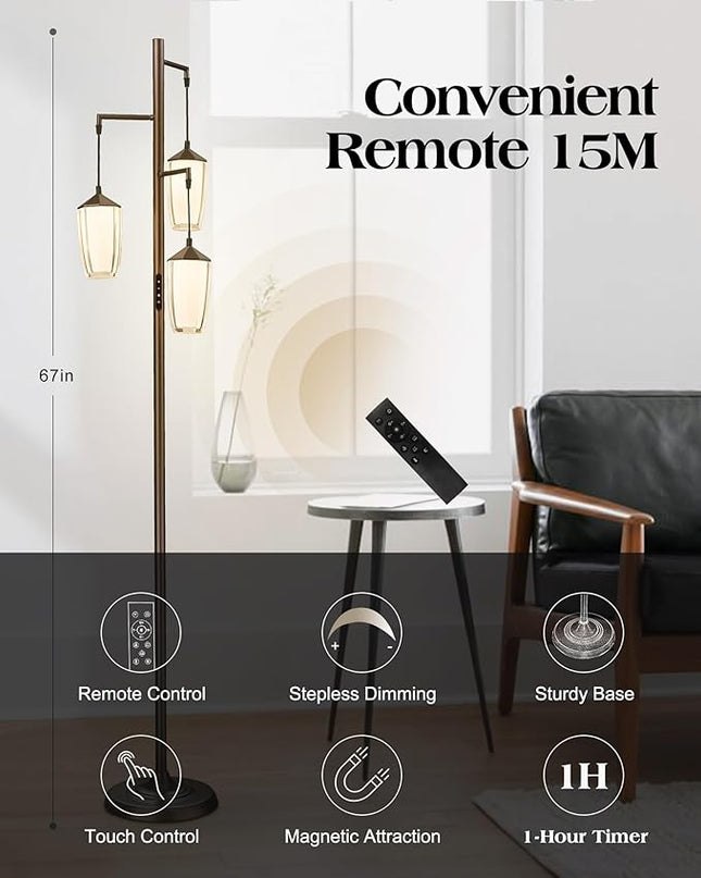 ELYONA Rustic Dimmable Floor Lamp for Bedroom, 24W LED Reading Light Remote & Touch Control, Stepless Adjustable 2200K-6500K Colors & Brightness, 3-Light Standing Lamp for Living Room Office, Bronze - LeafyLoom